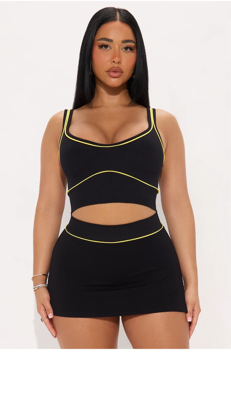 Women's Black Ribbed Crop Top and Mini Skirt Set