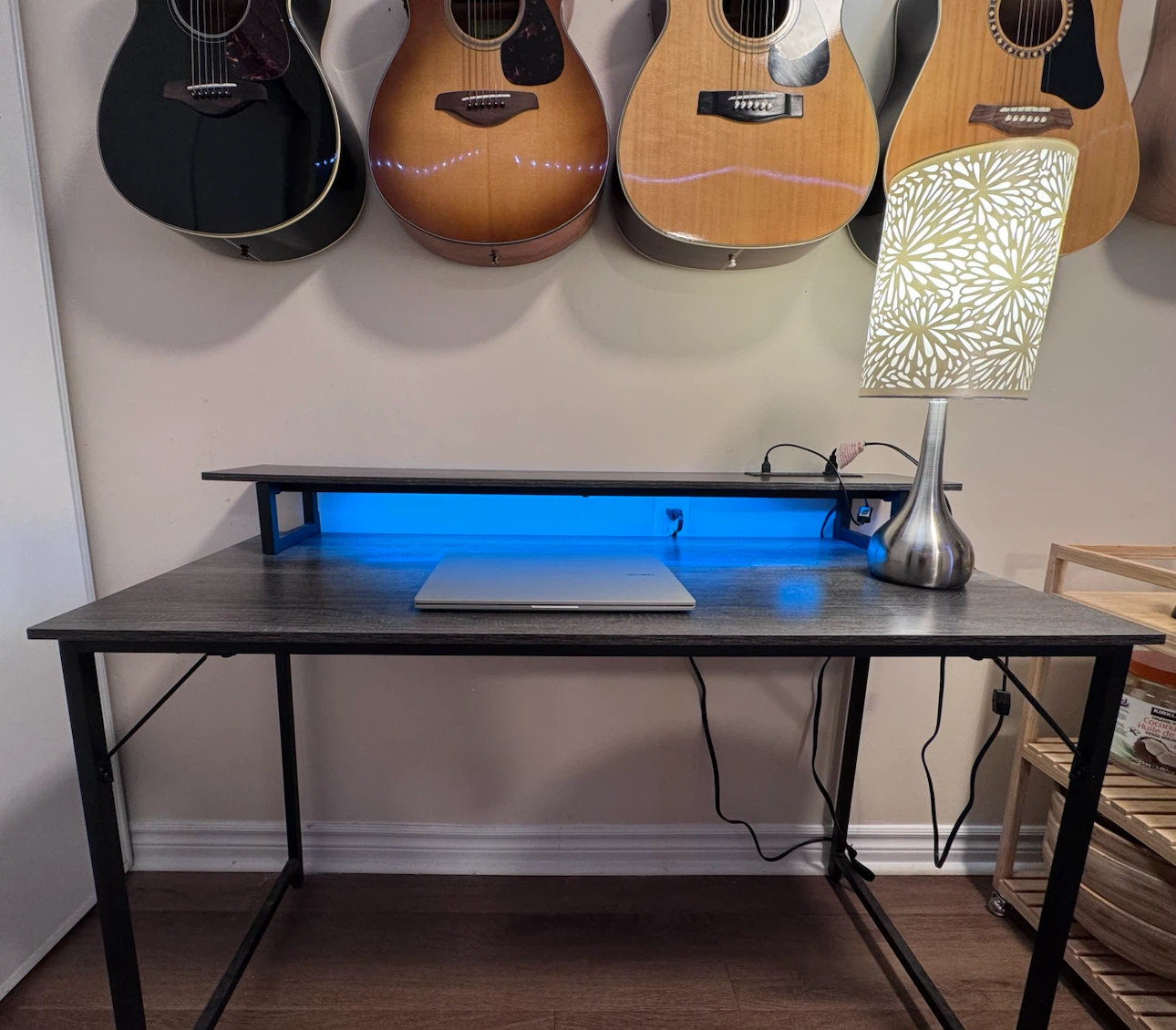 Computer Desk with Built-in Power Strip and LED Lights