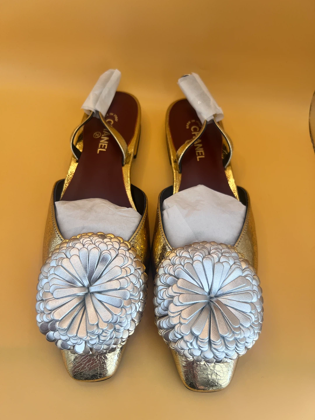 Chanel Gold Floral Embellished Slingback Flats