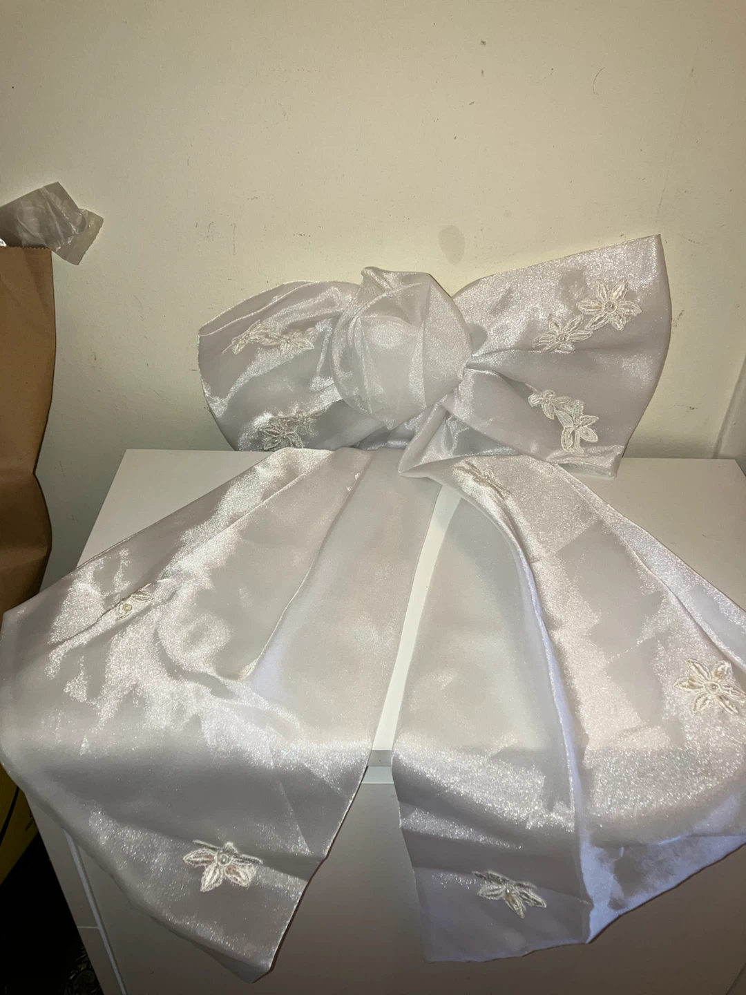 Large White Bow with Floral Embroidery