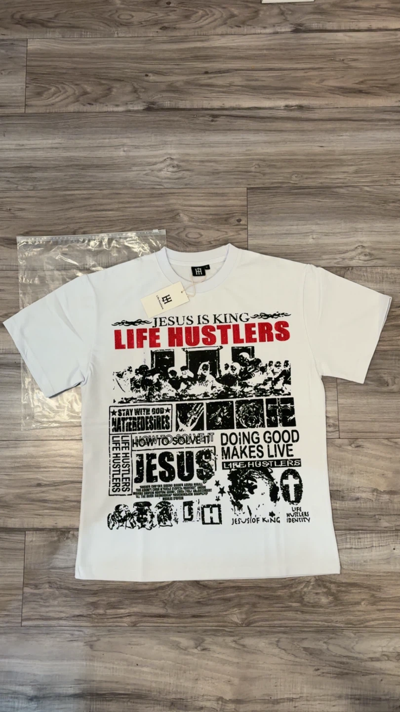 White LIFE HUSTLERS Jesus is King tee