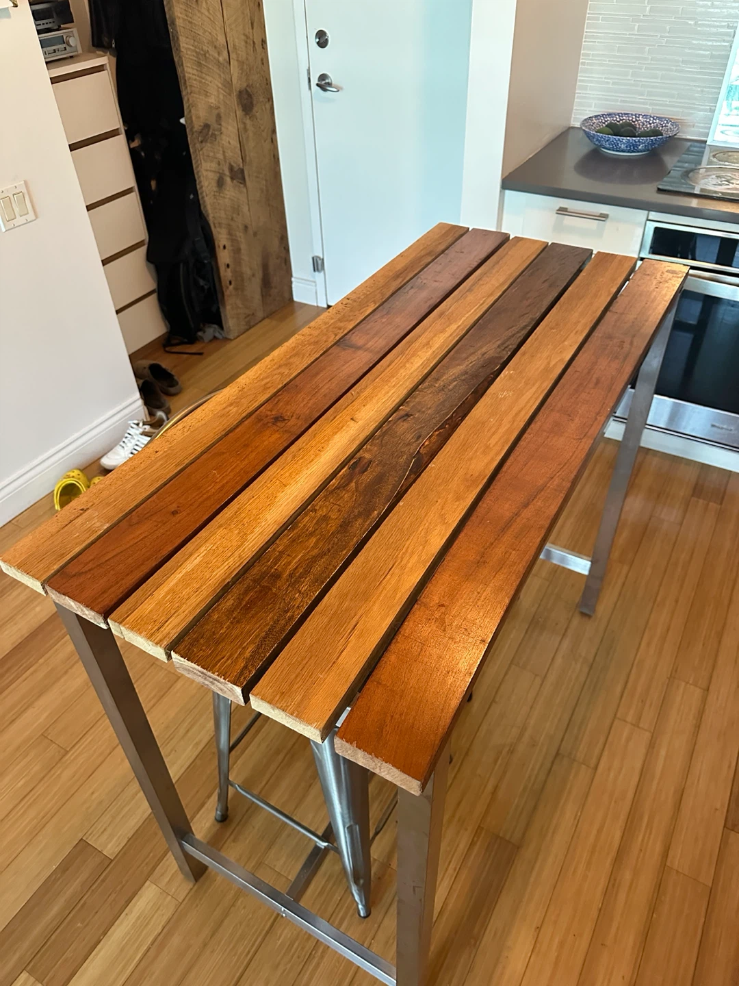 MODERN TEAK OAK SS STEEL BAR HEIGHT KITCHEN ISLAND TABLE