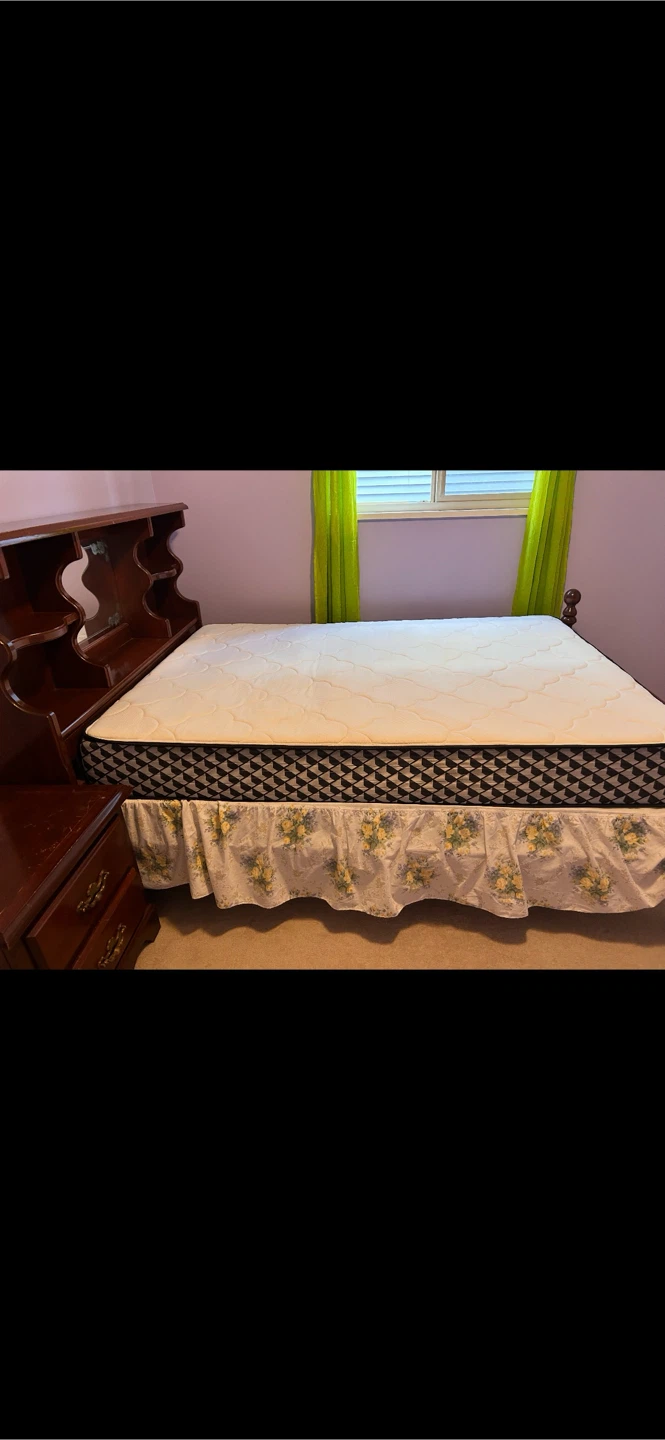 Double bed , side table and with Mattress with patterned border
