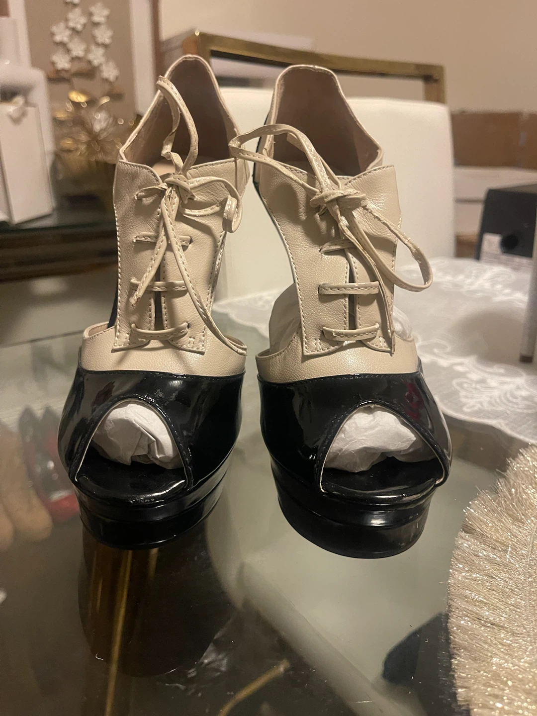 N.Y.L.A. Peep Toe Platform Heels - Black/Beige