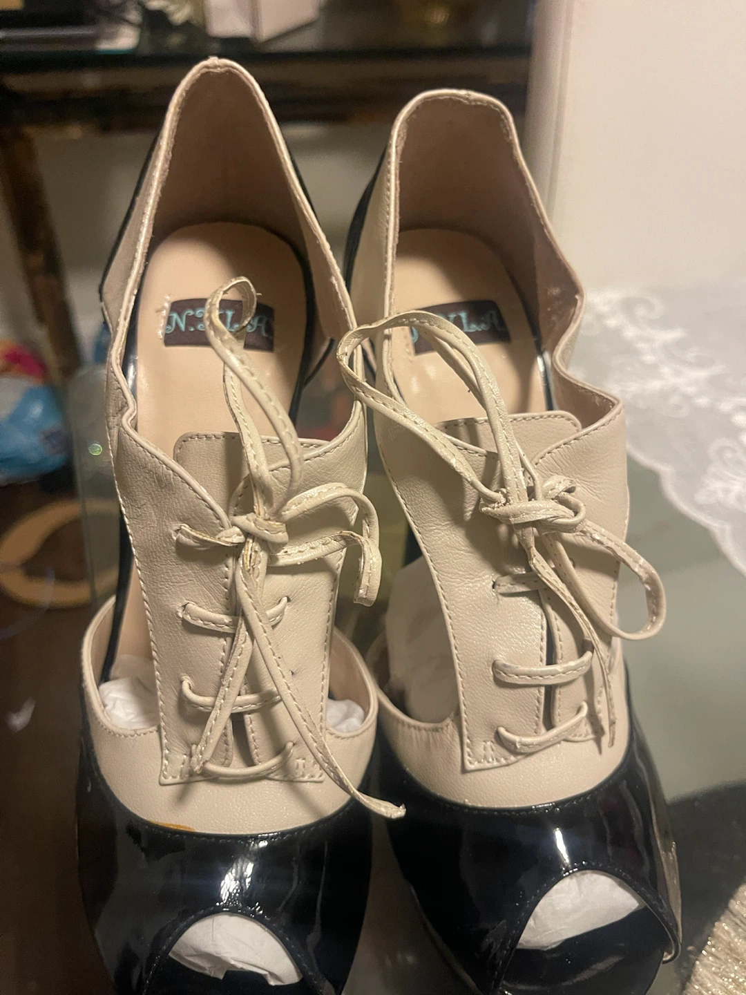 N.Y.L.A. Peep Toe Platform Heels - Black/Beige - photo 2