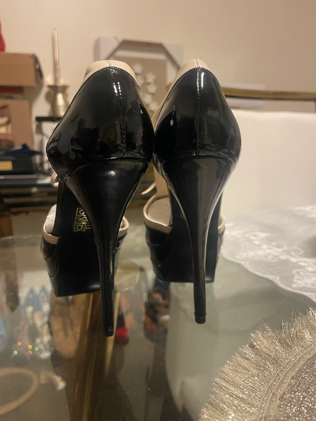 N.Y.L.A. Peep Toe Platform Heels - Black/Beige - photo 3