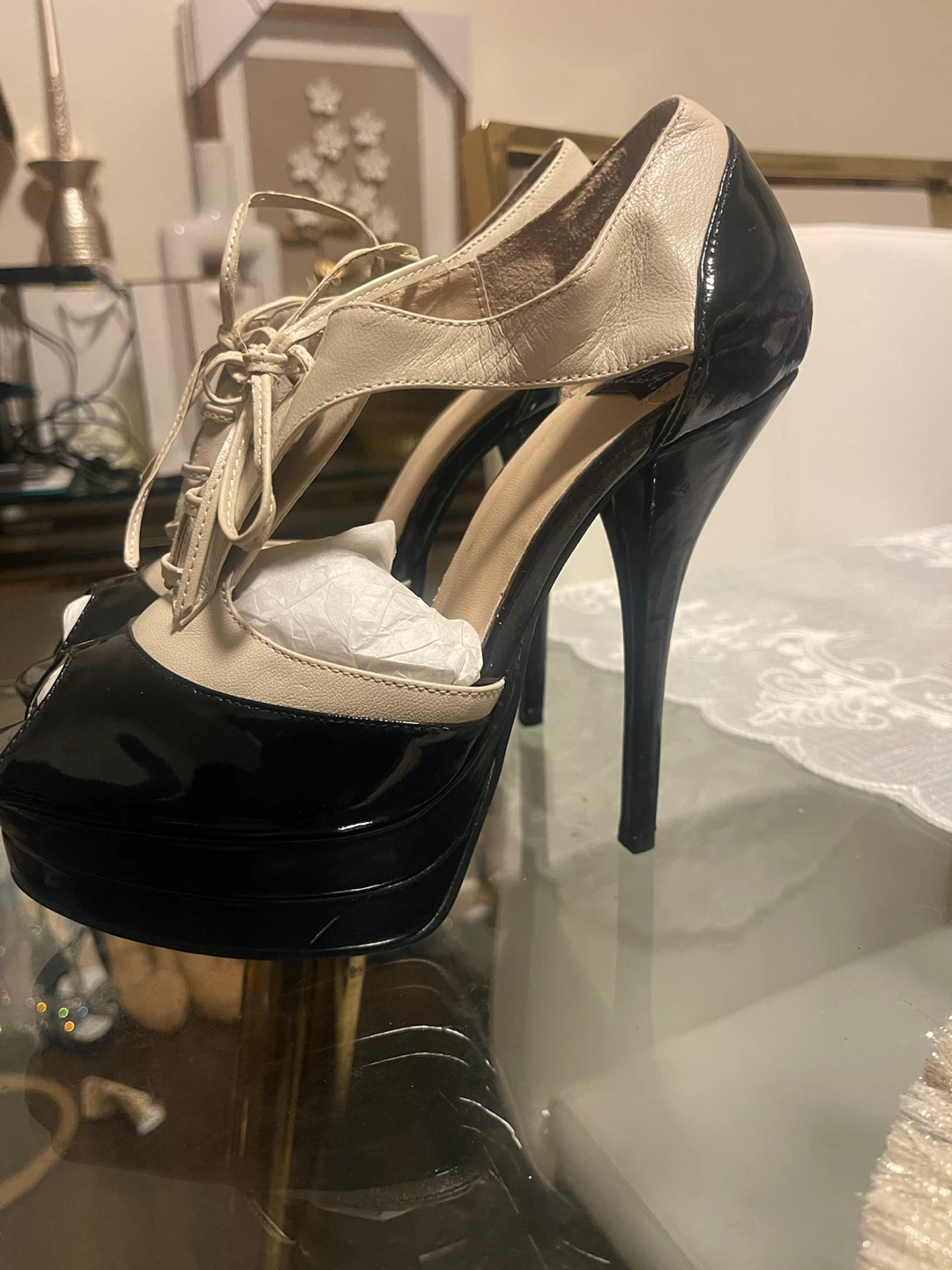 N.Y.L.A. Peep Toe Platform Heels - Black/Beige - photo 4