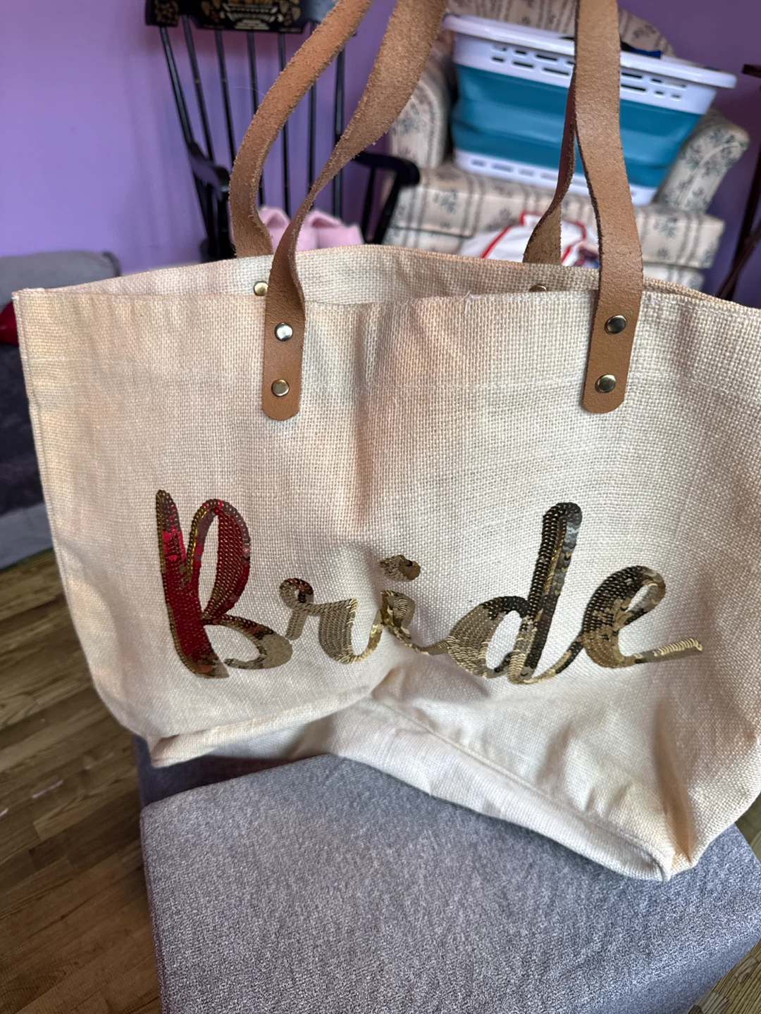 Bride Tote Bag with Sequin Letters
