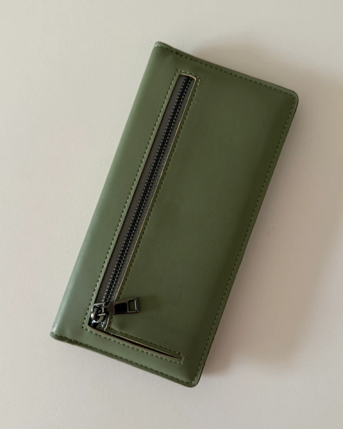 Olive Green Faux Leather Long Wallet with Zipper Pocket - photo 3