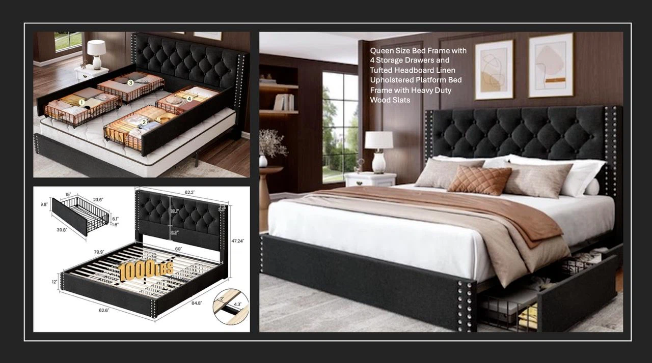 Queen Size Tufted Upholstered Bed Frame with Storage Drawers
