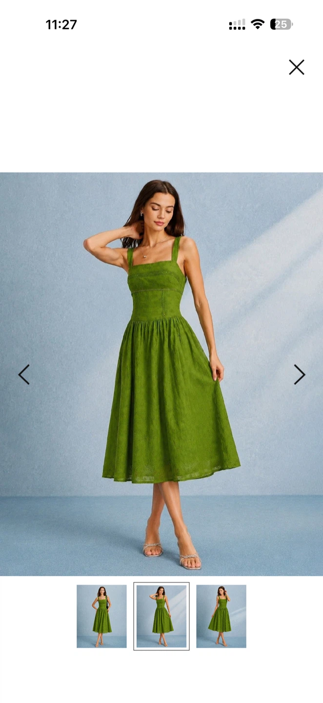 Green Linen Square Neck Midi Dress