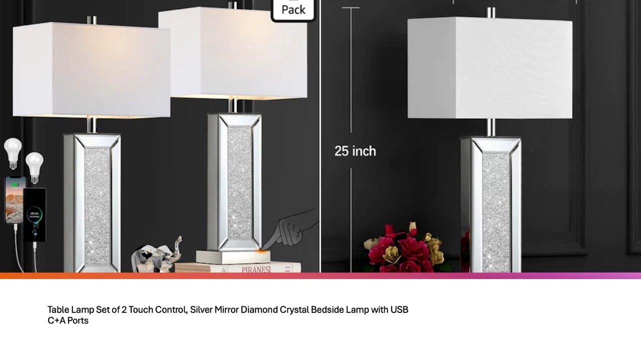 Set of 2 Touch Control Bedside Lamps with USB Ports