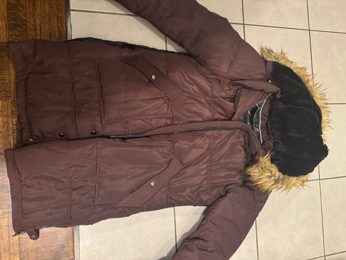 Maroon Puffer Jacket with Fur Hood