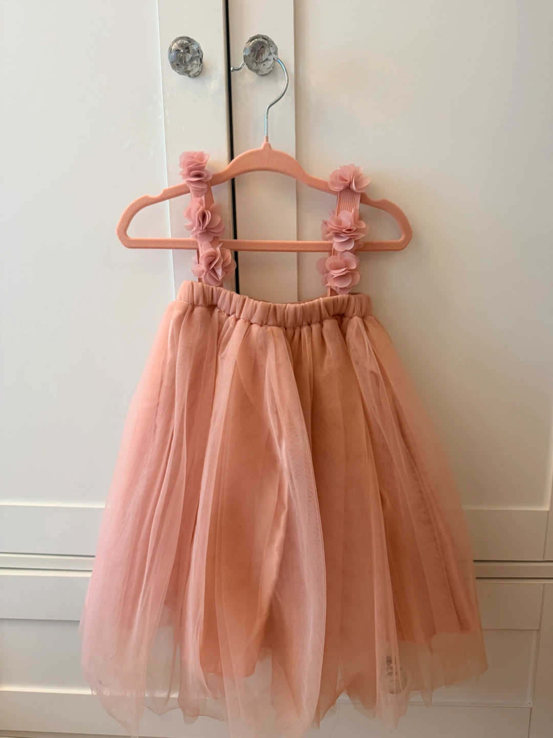 Girls Peach Tulle Dress with Flower Straps