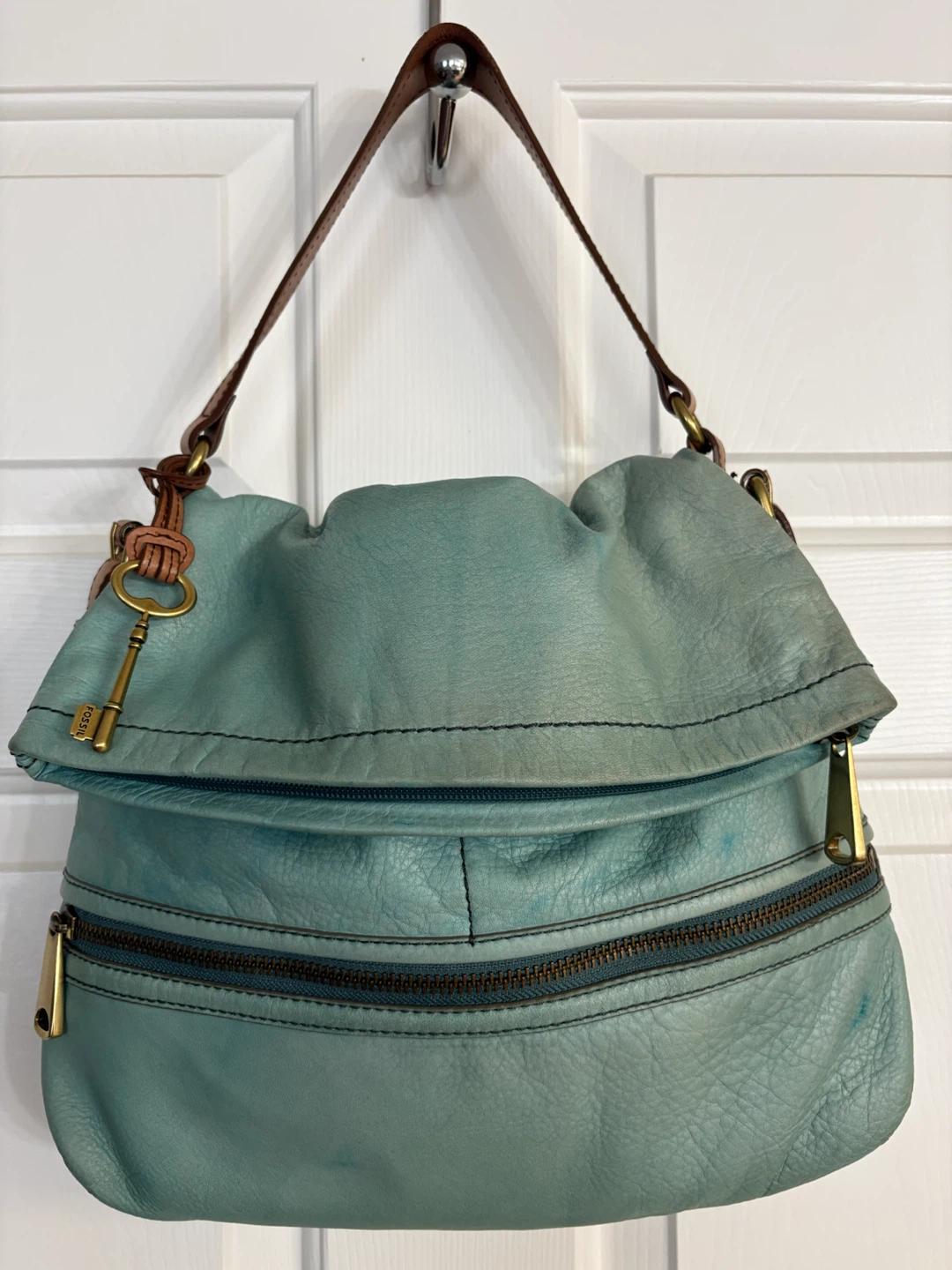 Fossil Explorer Fold-Over Leather Hobo Bag - Teal/Turquoise