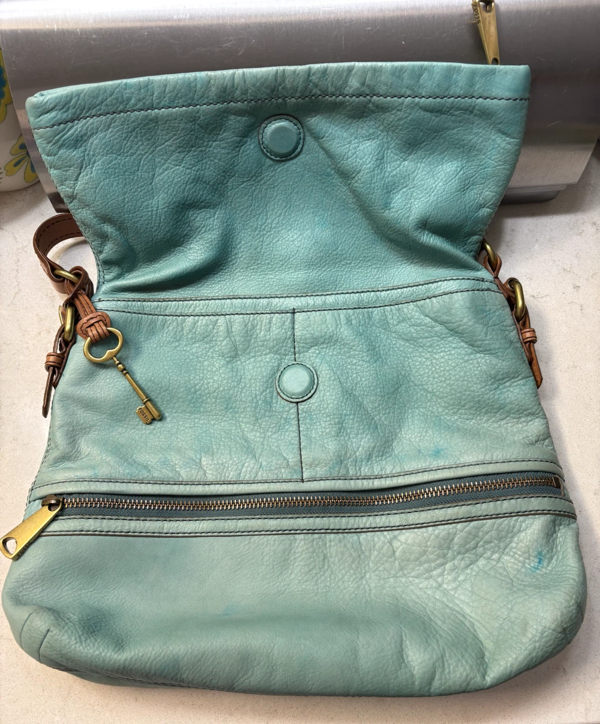 Fossil Explorer Fold-Over Leather Hobo Bag - Teal/Turquoise - photo 2