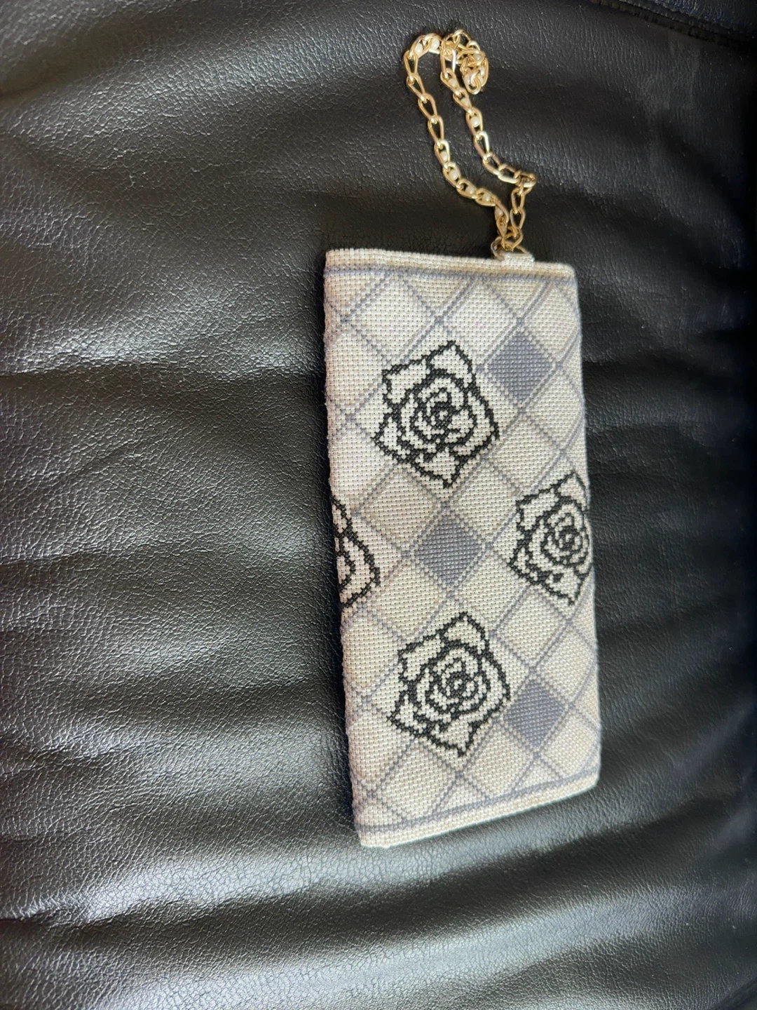 Handmade Needlepoint Clutch with Roses and Chain
