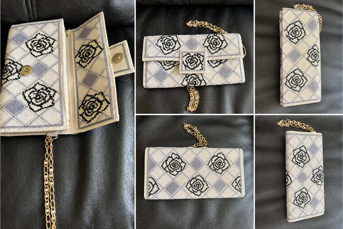 Handmade Needlepoint Clutch with Roses and Chain - photo 5