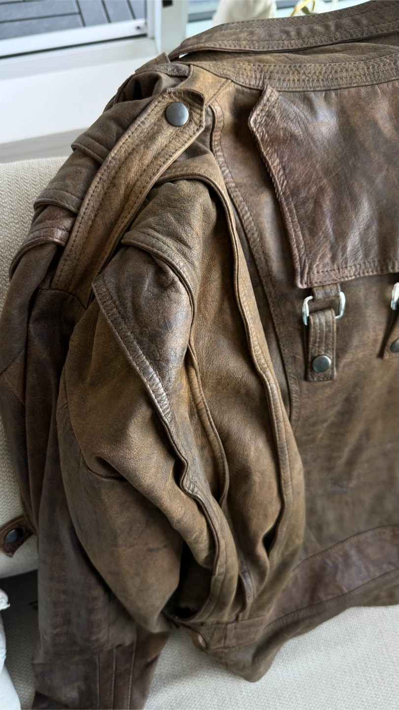 Vintage Genuine Leather brown Biker Jacket – Size XL - photo 5