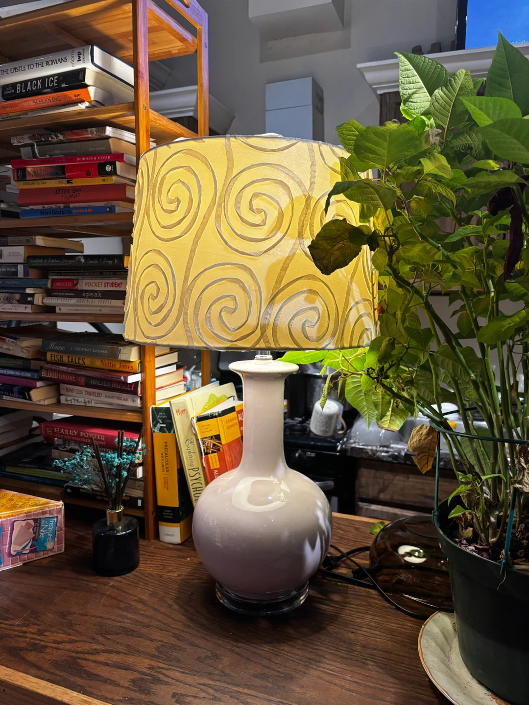 Pink Ceramic Table Lamp with Yellow Swirl Shade