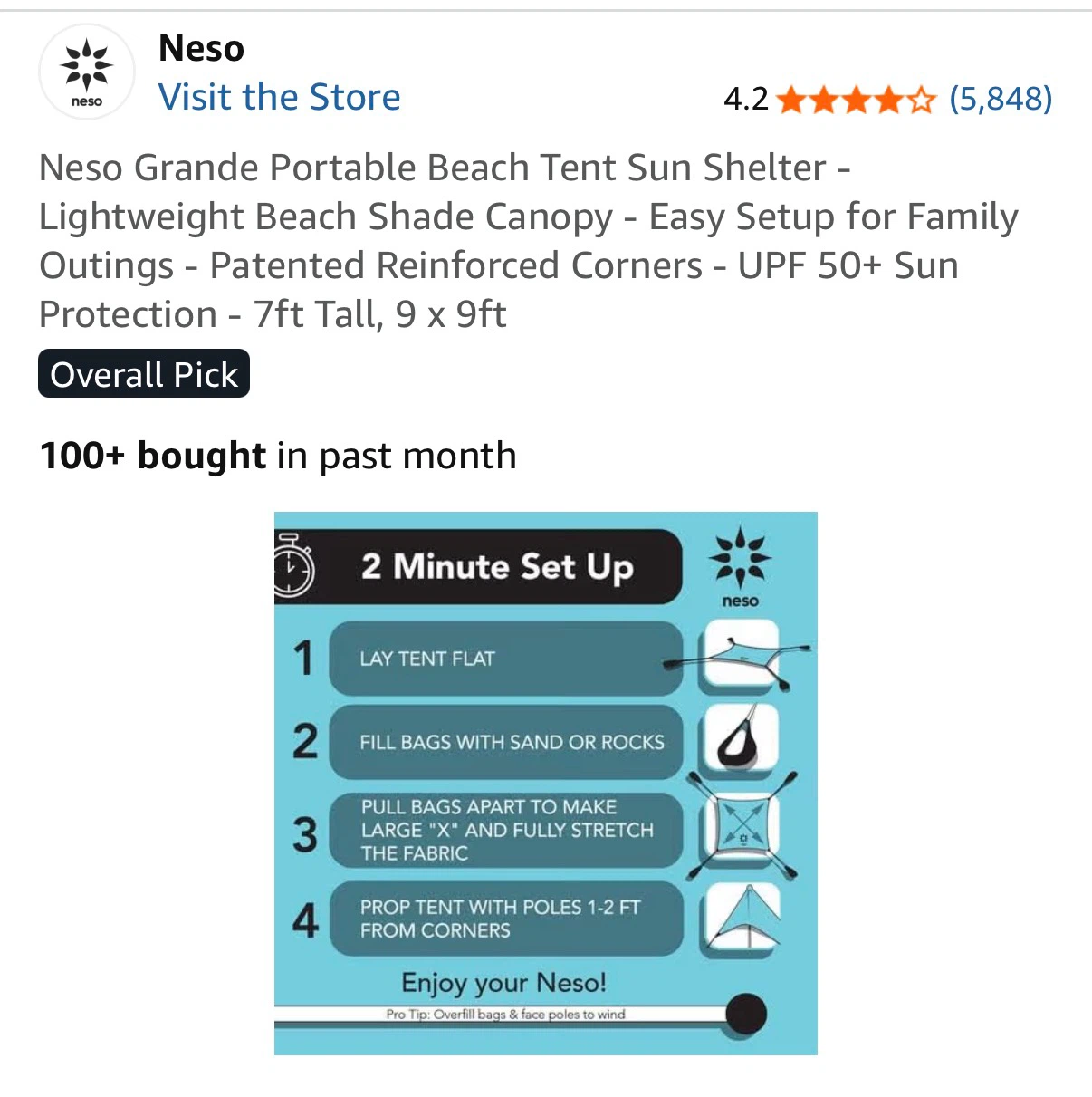Neso Grande Portable Beach Tent Sun Shelter - photo 3