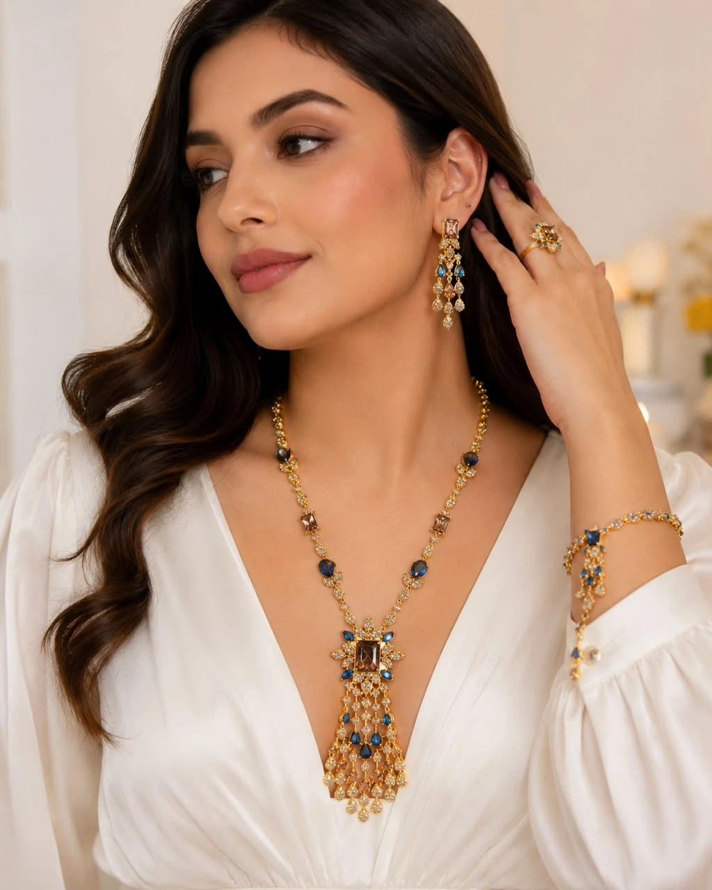 Gold-tone Jewellery Set with Blue Sapphire and Brown Topaz
