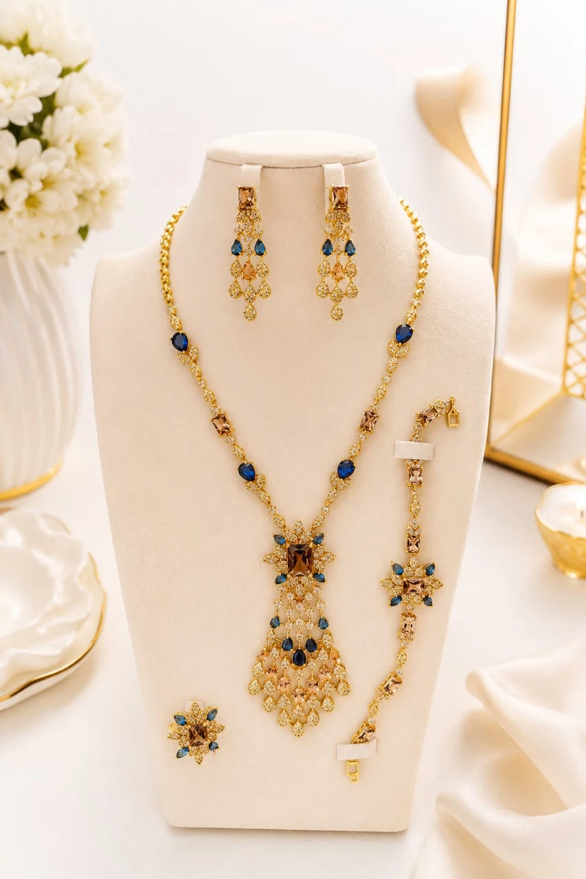 Gold-tone Jewellery Set with Blue Sapphire and Brown Topaz - photo 2