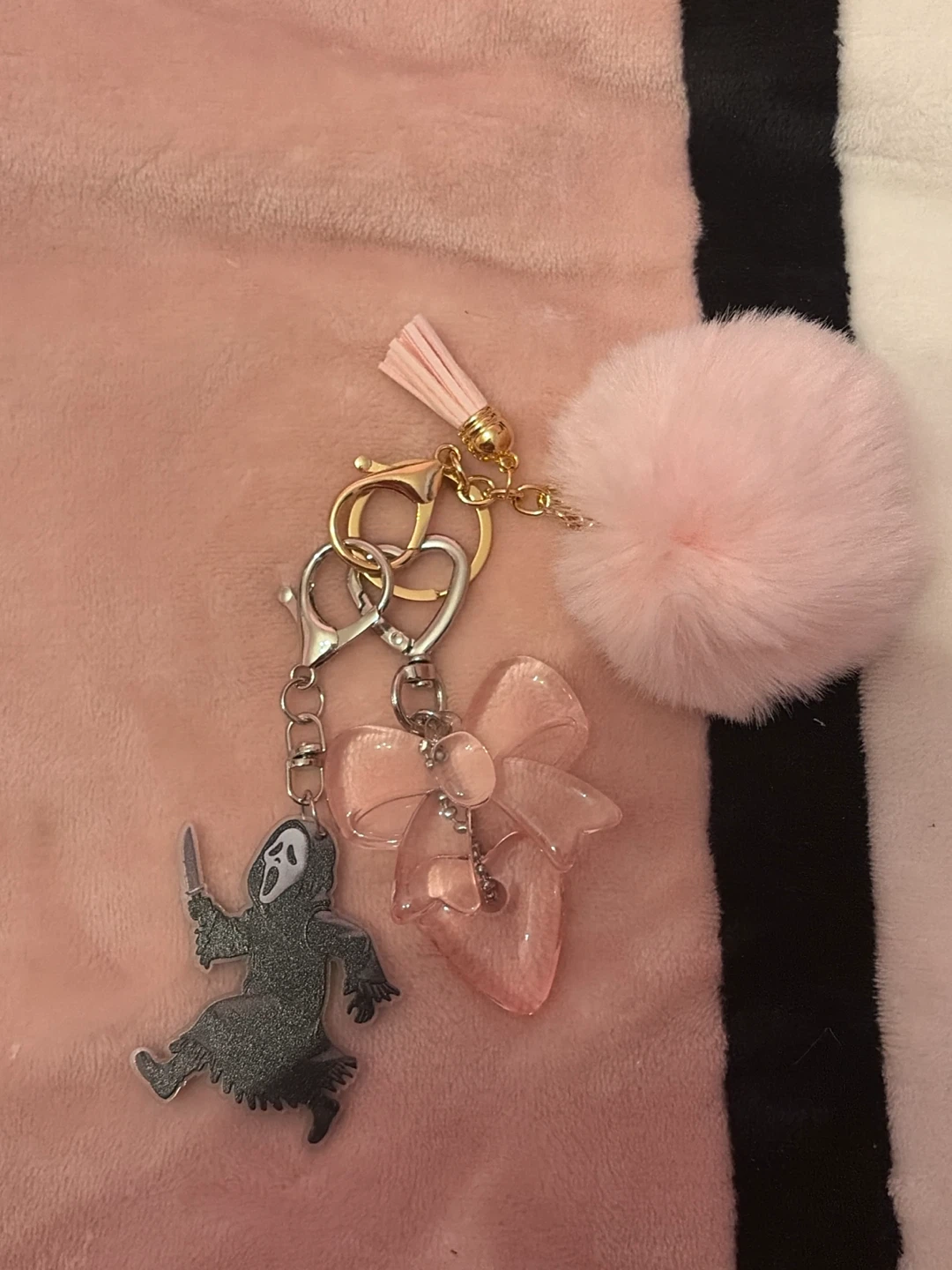 Ghostface & Pink Bow Keychain with Pom Pom