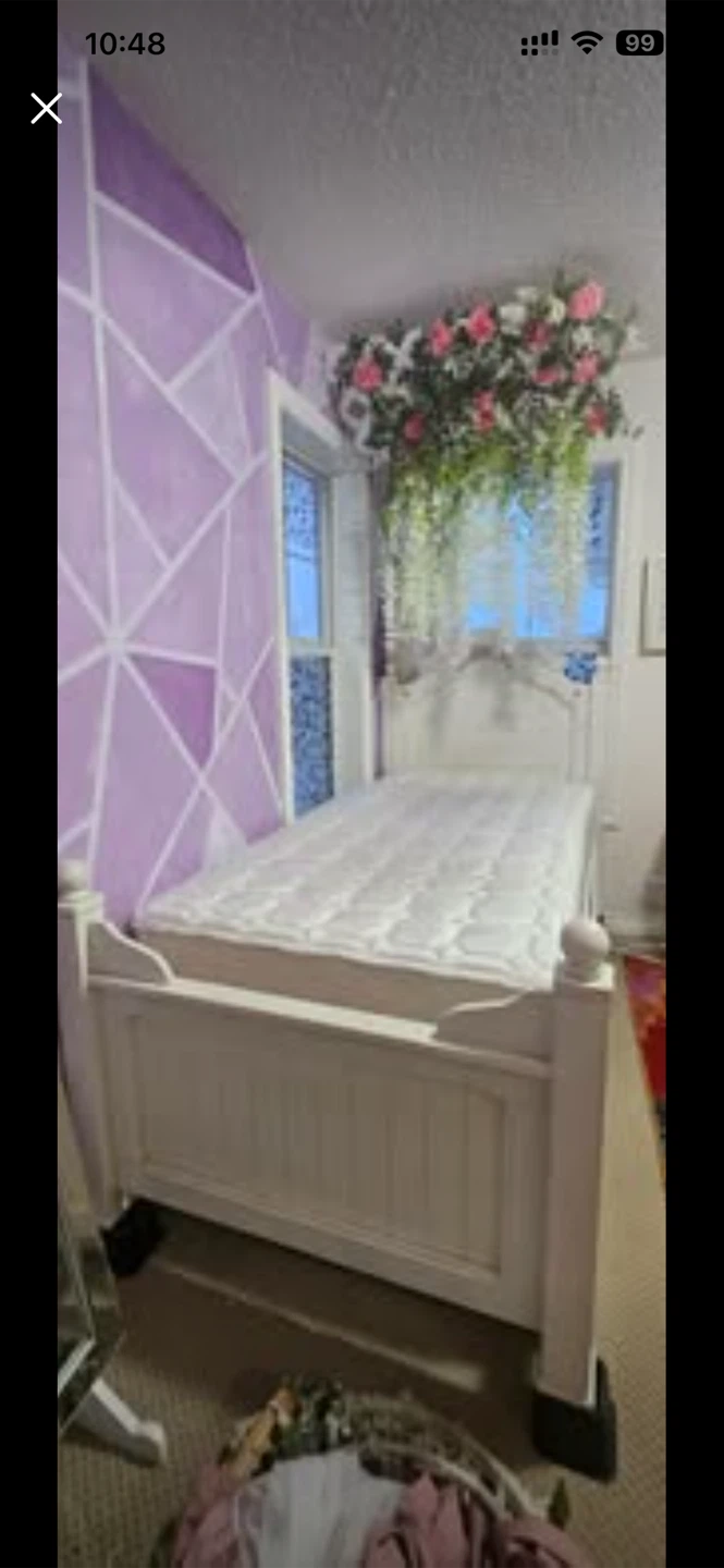 White Wooden Bed Frame with Drawer