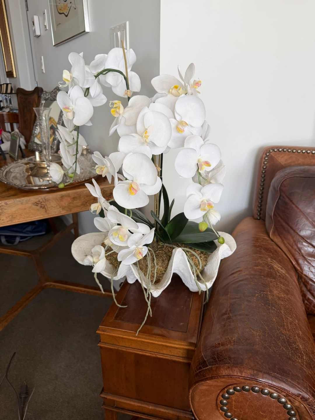 White Faux Orchid Arrangement in Shell