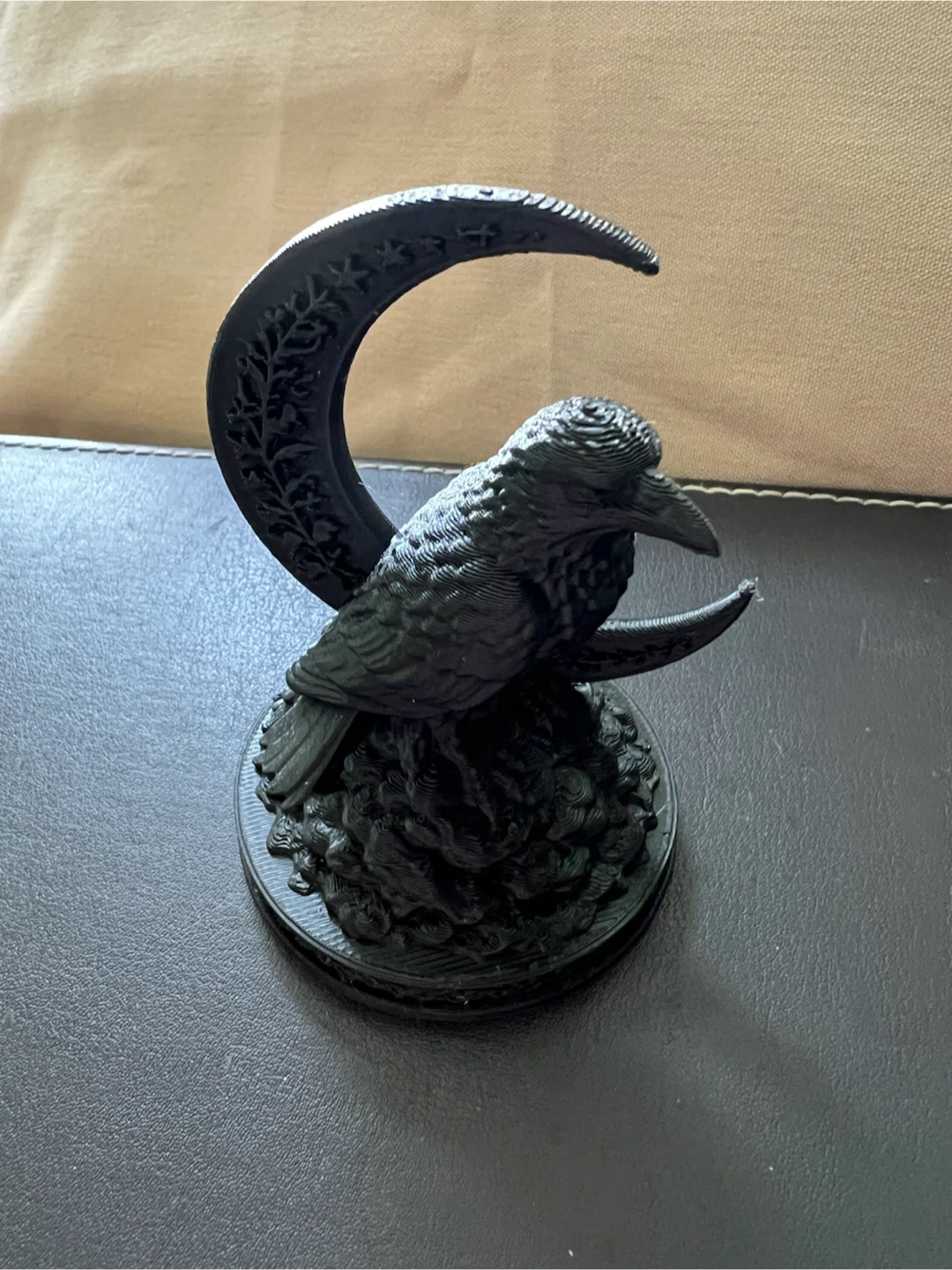 Black Raven on Crescent Moon Figurine