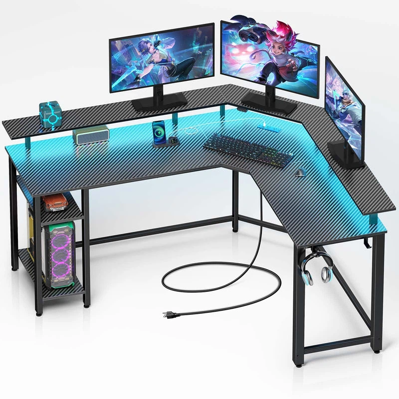 Rolanstar L Shaped Gaming Desk with LED Lights & Power Outlets
