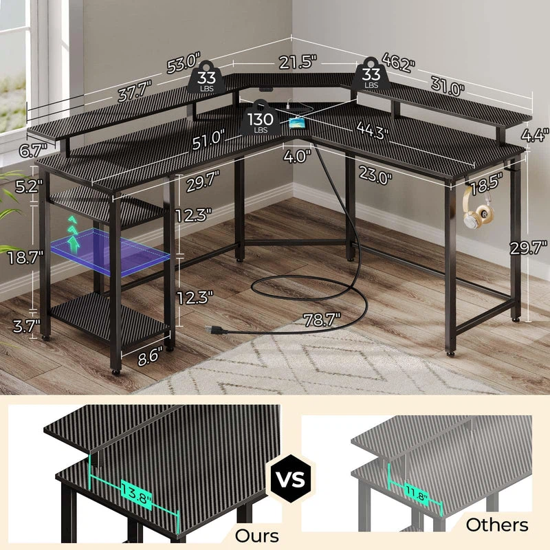 Rolanstar L Shaped Gaming Desk with LED Lights & Power Outlets - photo 2