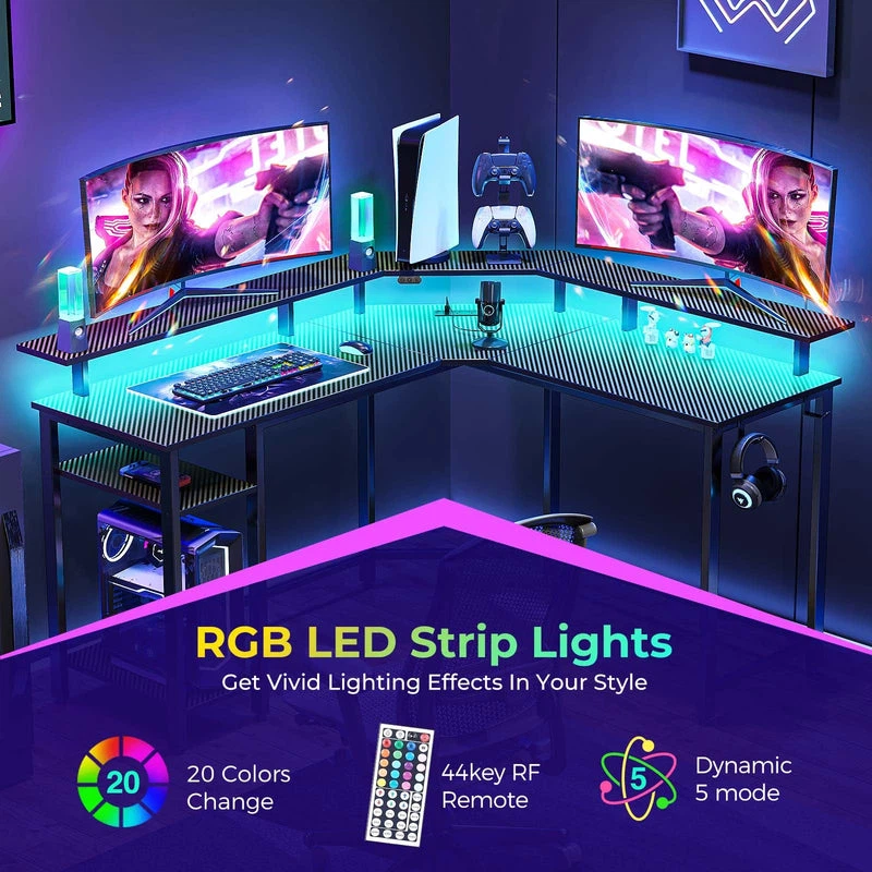 Rolanstar L Shaped Gaming Desk with LED Lights & Power Outlets - photo 4