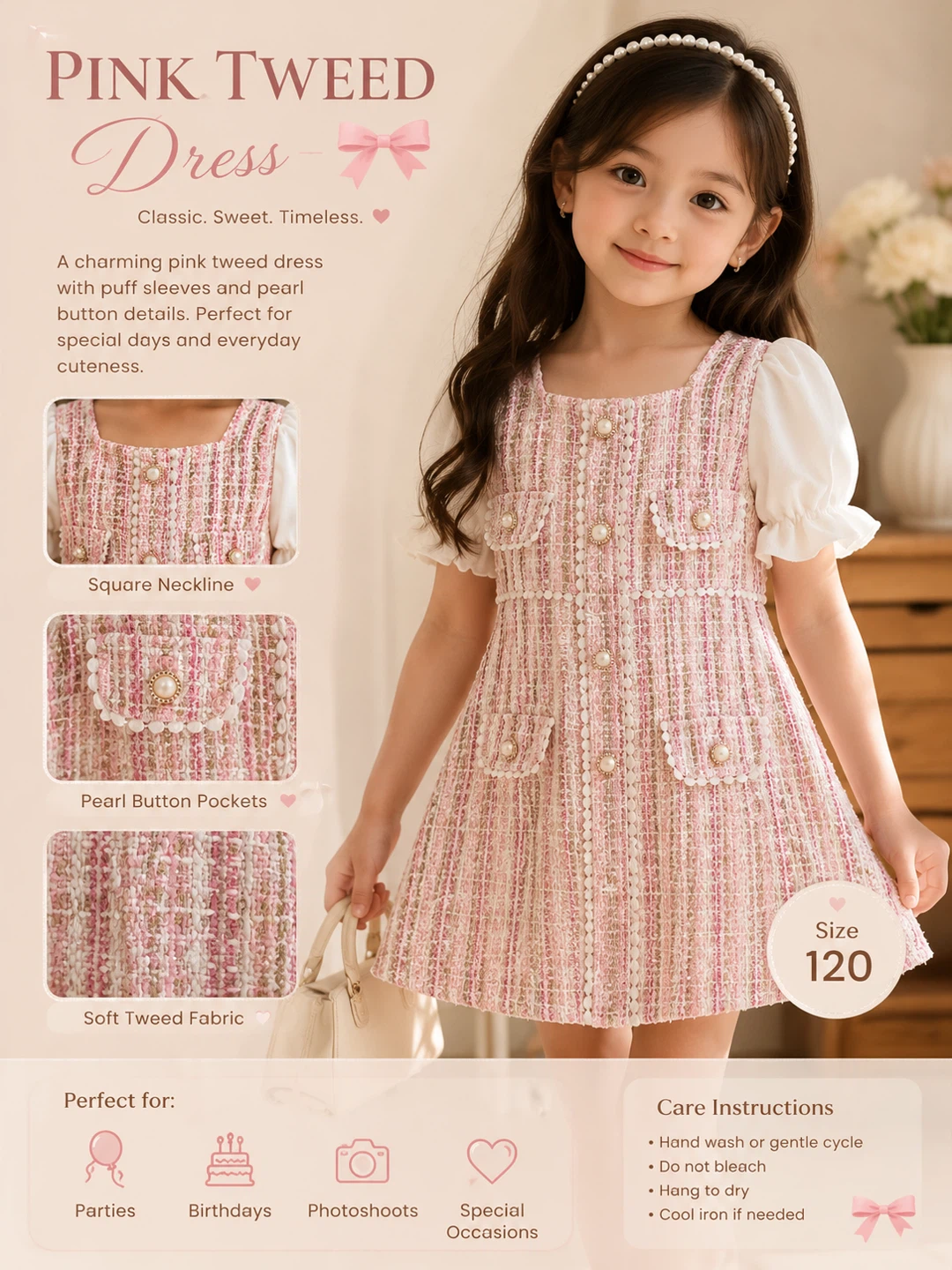 Pink Tweed Dress with Puff Sleeves - Size 120