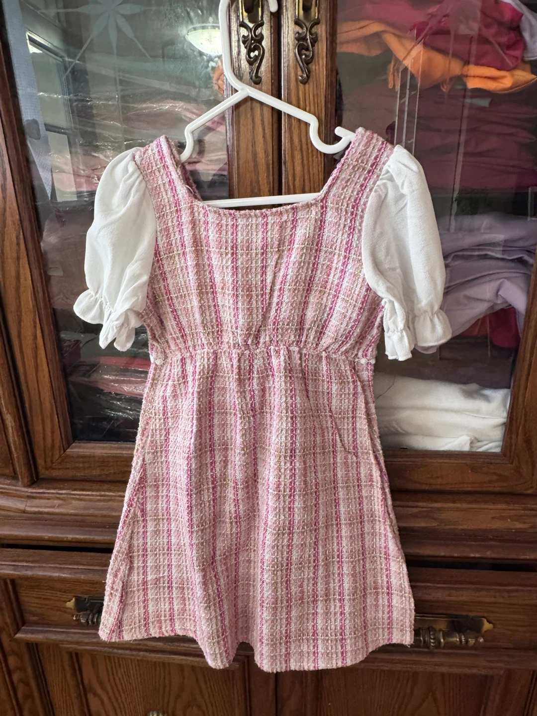 Pink Tweed Dress with Puff Sleeves - Size 120 - photo 3