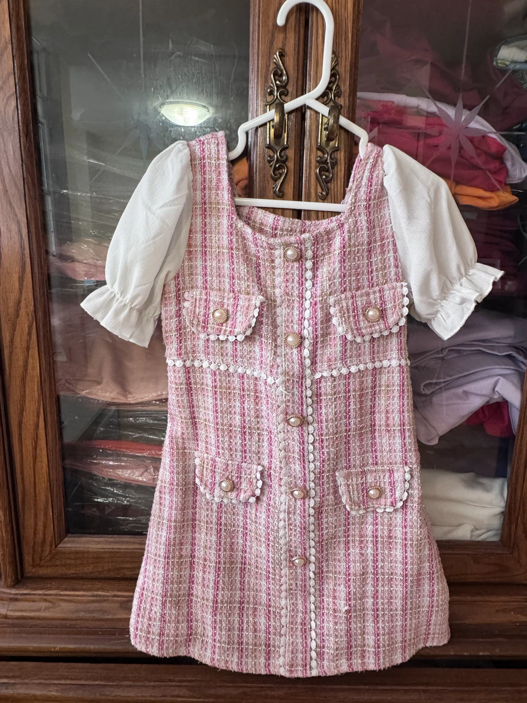 Pink Tweed Dress with Puff Sleeves - Size 120 - photo 4