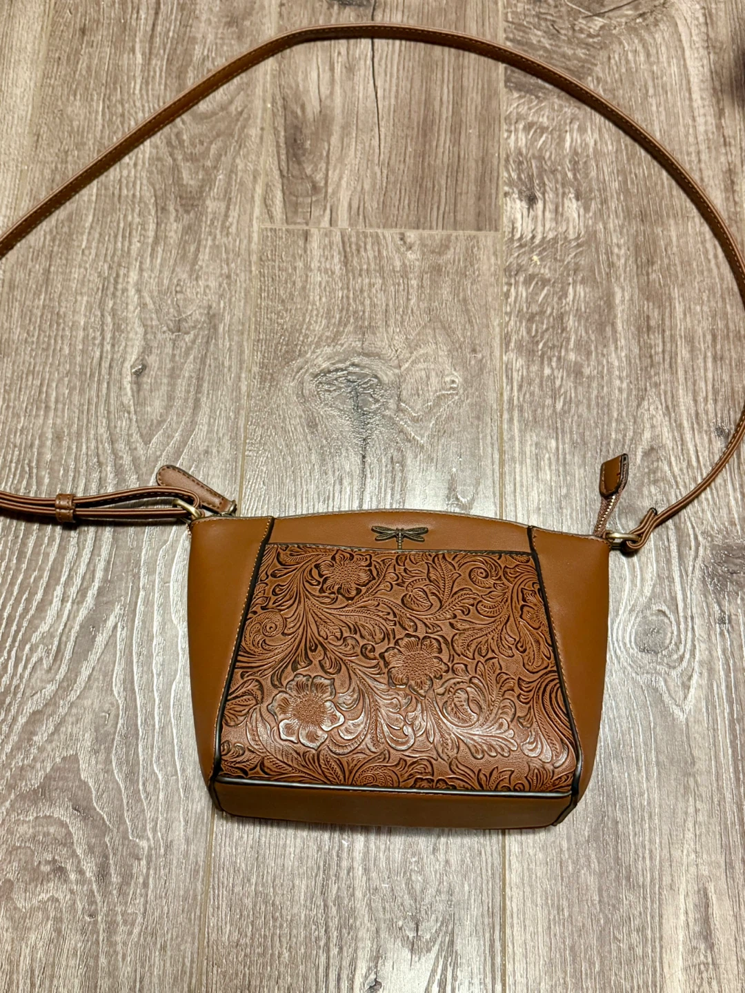 Brown Crossbody Bag with Embossed Floral Design - photo 4