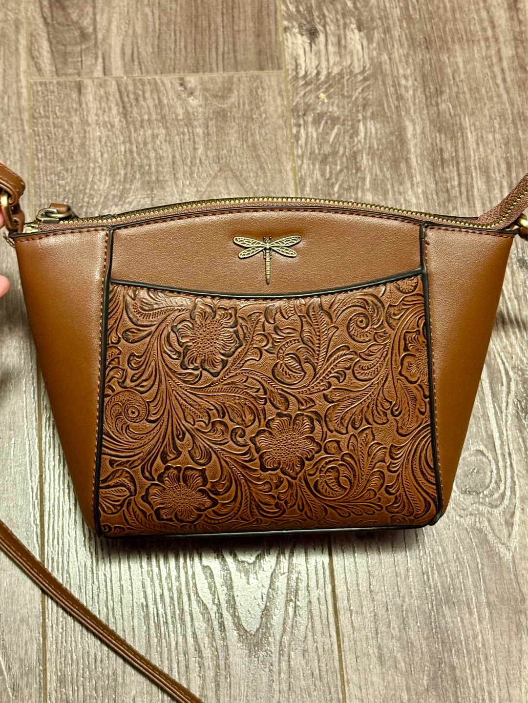 Brown Crossbody Bag with Embossed Floral Design
