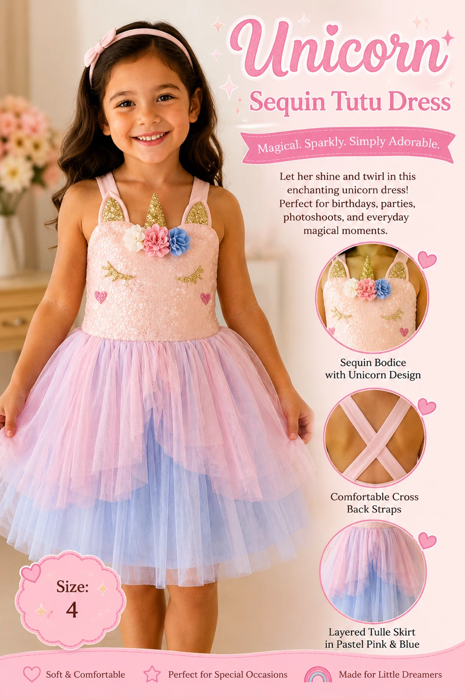 Pink & Violet Unicorn Sequin Tutu Dress Size 4