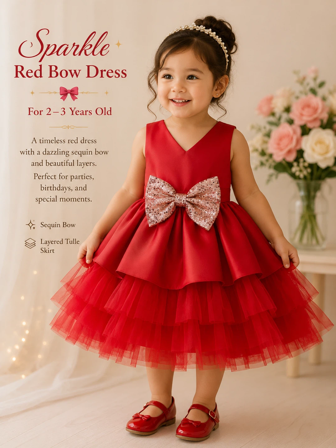 Sparkle Red Bow Dress for 2-3 Years Old