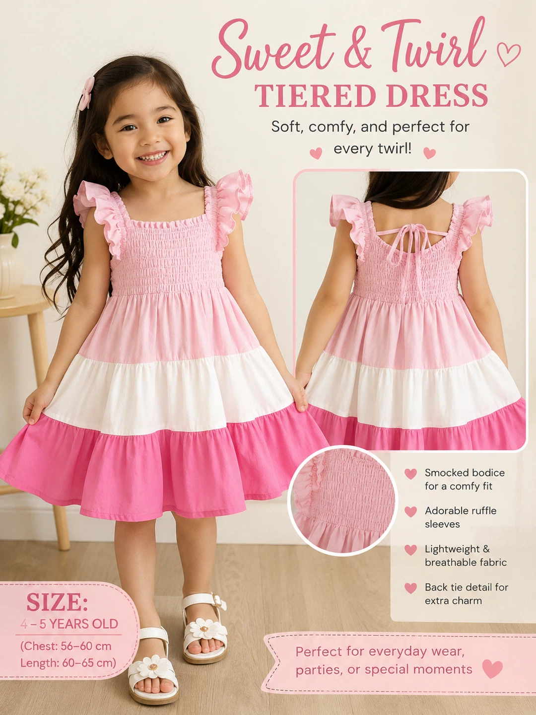 Sweet & Twirl Tiered Dress Pink Girls Size 4-5 Years Old
