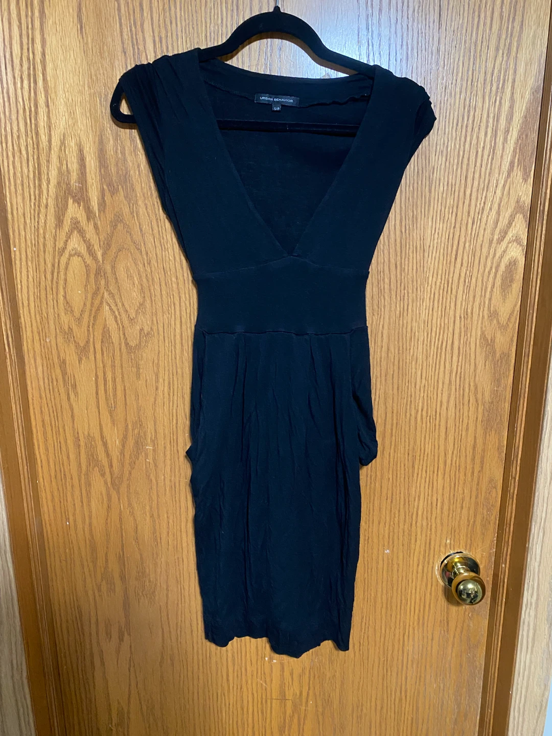 Black V-Neck Midi Dress with pockets and attached tie belt