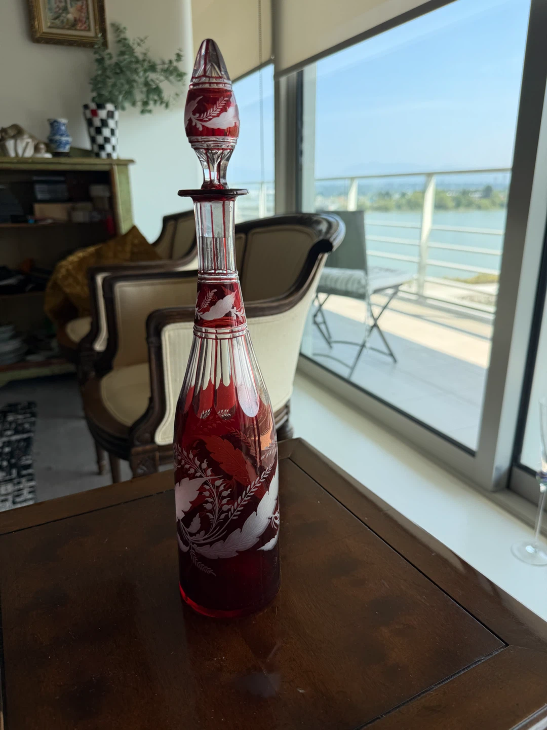 Vintage Red Etched Glass Decanter with Stopper