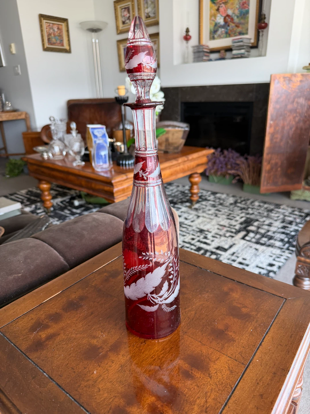 Vintage Red Etched Glass Decanter with Stopper - photo 2