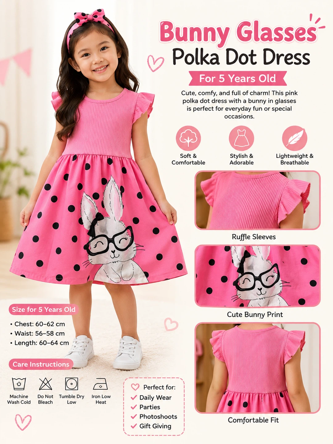 Girls Pink Polka Dot Bunny Dress - Size 5 Years