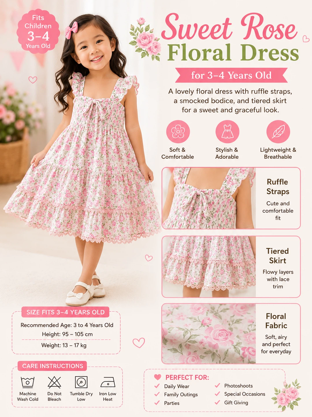 Sweet Rose Floral Dress for 3-4 Years Old