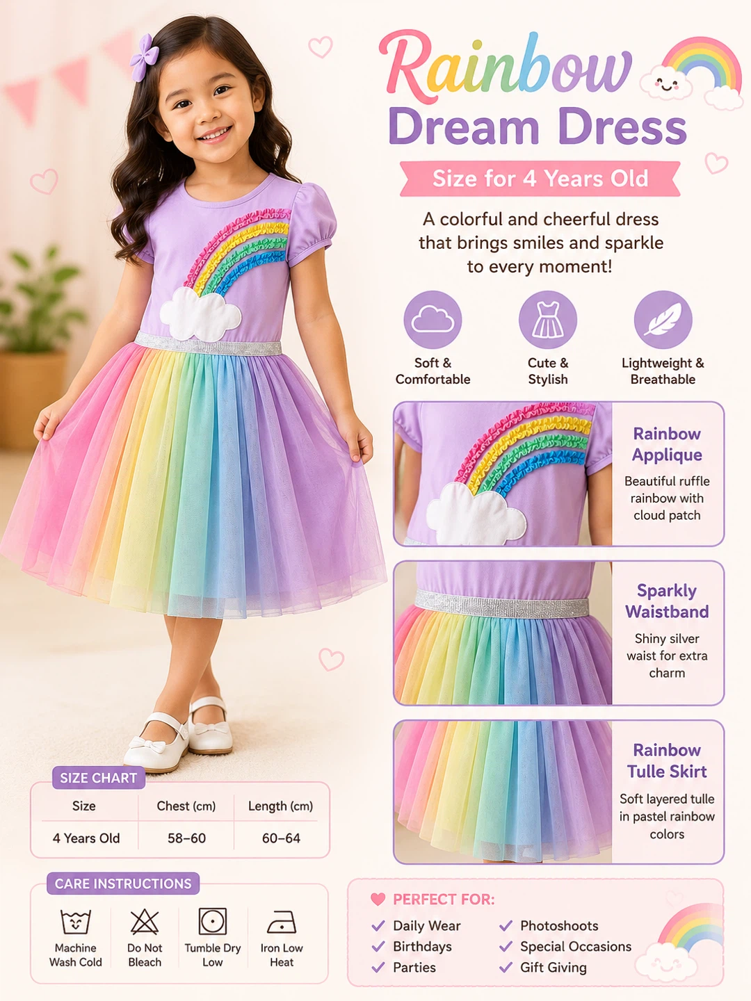 Girls Rainbow Dream Dress Size 4 Years Old