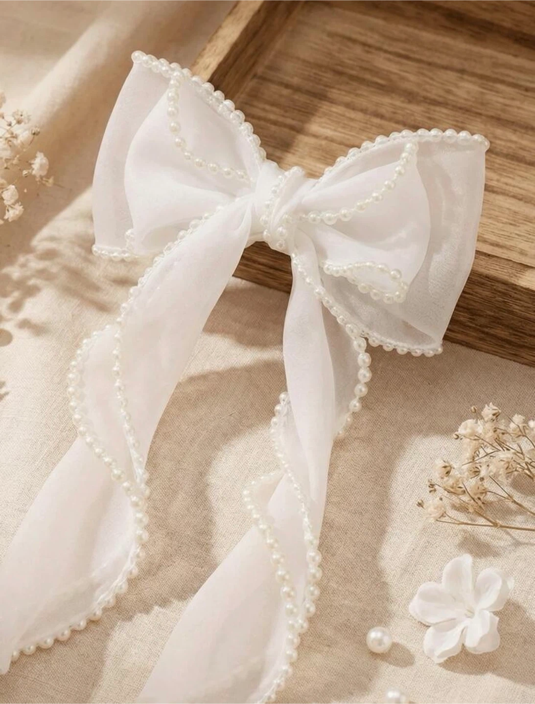 White Organza Bow Hair Clip with Pearls