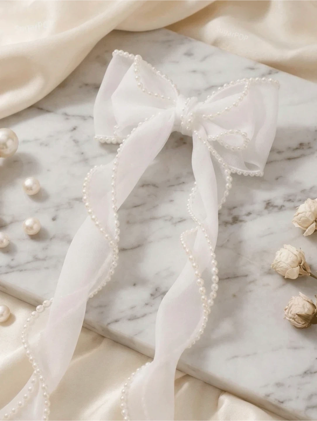 White Organza Bow Hair Clip with Pearls - photo 2